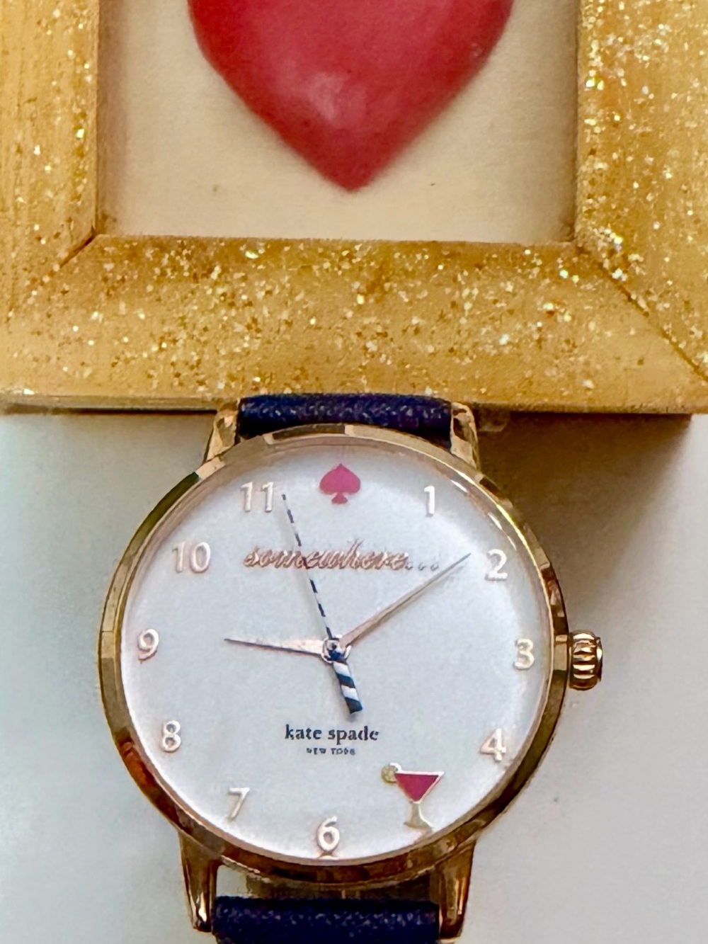 kate spade Rose Gold-Tone Leather Navy Strap 5 O’Clock Somewhere Watch